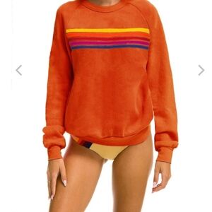 Aviator Nation Orange Crew Neck Sweatshirt with Rainbow Stripes